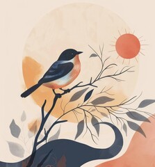 Charming Bird and Setting Sun: A serene scene showcases a beautiful bird perched gracefully on a delicate branch, framed by a warm sunset and the tranquil beauty of nature. 
