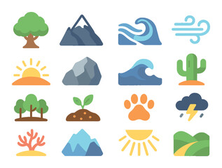 Nature’s strengths modern flat style. mighty tree, mountain peak, flowing river, strong wind, sunrise, sturdy rock, deep ocean, desert cactus, wide forest, fertile soil