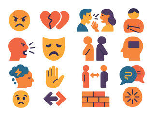 Emotional opposition modern flat style. angry face, conflict hearts, arguing couple, closed arms, shouting head, crying mask, back-to-back figures, mental block icon
