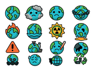 Earth in danger symbols modern flat style. cracked globe, Earth with smog, sad planet face, earth in chain, burning map, drowning Earth, toxic aura icon, melting Earth