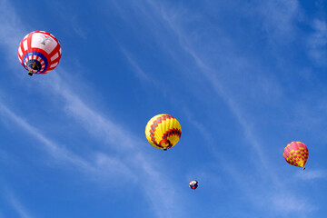 Various shapes and colors of hot air balloons flying in the bright blue sky during the hot air balloon festival.