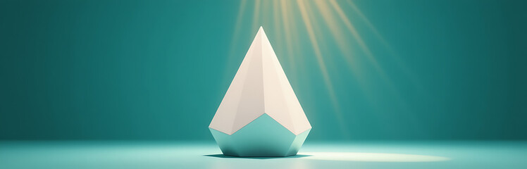 sleek white geometric cone stands prominently rich teal background illuminated soft warm light rays dance across