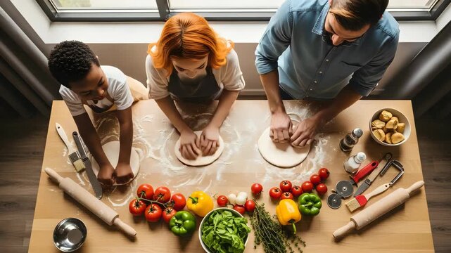 Family Making Pizza Dough Together in a Bright Kitchen