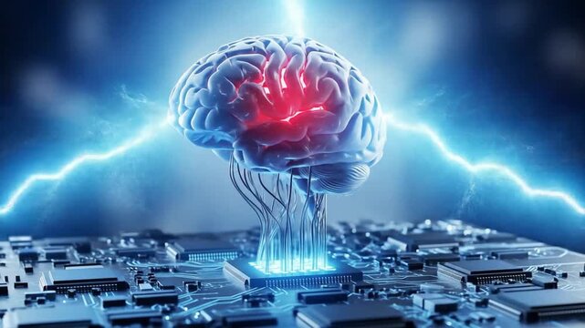 A glowing brain sits atop a complex circuit board, surrounded by electrical sparks, representing the power of artificial intelligence and advanced computing technology - Powered by Adobe