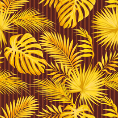 Green tropical palm leaves seamless vector pattern on the black background. Trendy summer print.	

