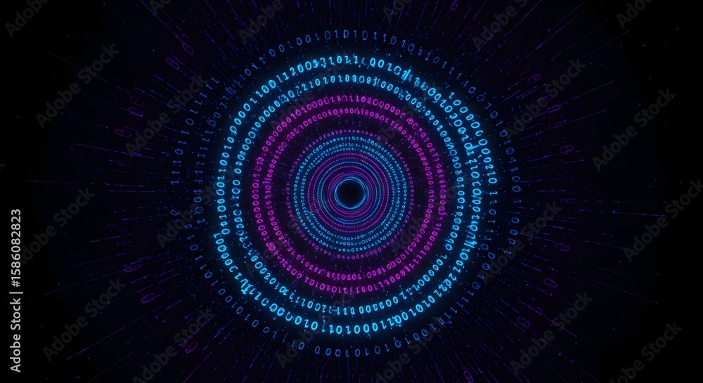 Poster abstract digital art featuring concentric circles of binary code in shades of blue and purple agains