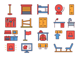 Fire station and facilities modern flat style. fire pole, garage door, bunk bed, station bell, equipment rack, training area, locker, office desk, firehouse kitchen