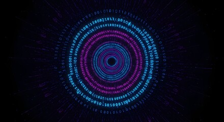 Abstract digital art featuring concentric circles of binary code in shades of blue and purple against a dark background.
