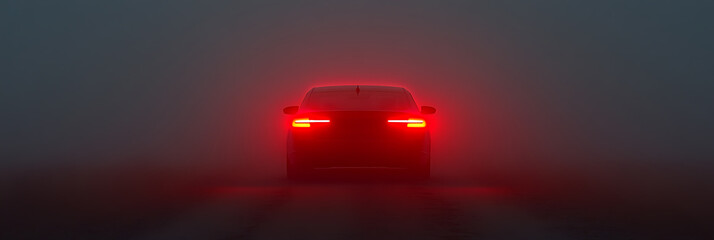 Car with taillights in heavy fog. Driving safety in poor visibility. The red glow of the lights pierces the dense fog, creating an eerie yet important beacon.