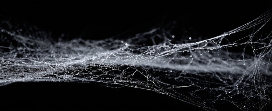 The delicate web glistens with droplets against a dark background.