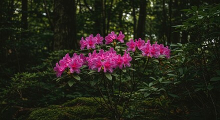 Fototapeta premium Vibrant Pink Rhododendron Blooms in a Lush Forest Setting