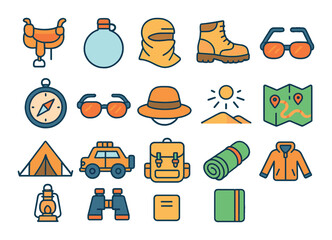Desert travel and gear modern flat style. camel saddle, water flask, head scarf, desert boots, compass, sun goggles, wide-brim hat, trail map, tent icon, desert vehicle