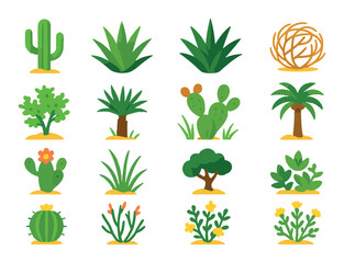 Desert plants and vegetation modern flat style. cactus, aloe vera, agave, tumbleweed, desert shrub, yucca plant, prickly pear, date palm, flowering cactus, desert grass