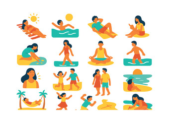 Beach moods and activities modern flat style. sunbathing, swimming, relaxing on towel, reading on beach, collecting shells, walking by shore, meditating, wading in water