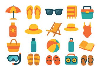 Beach essentials and accessories modern flat style. beach umbrella, flip-flops, sunglasses, beach towel, sunscreen bottle, sun hat, beach chair, cooler box, beach bag