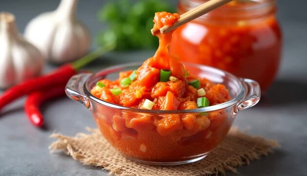 Chopsticks lift spicy orange sauce from a glass bowl. Red peppers and white garlic are in the background, showing delicious fresh ingredients.