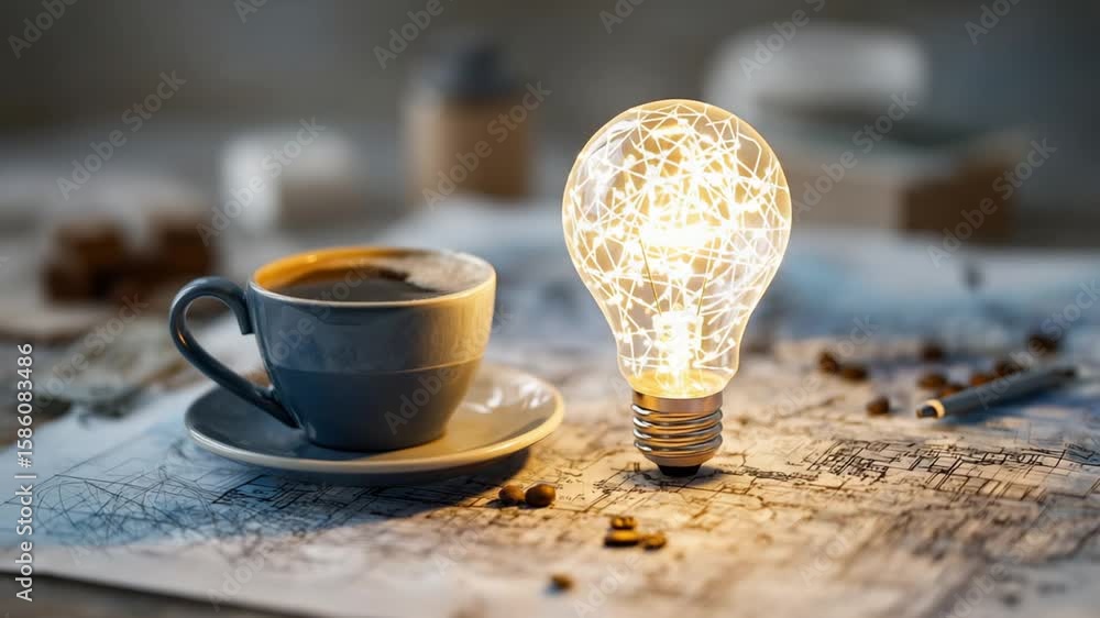 Aufkleber a glowing light bulb illuminates a blueprint of intricate sketches and circuit diagrams, surrounded 