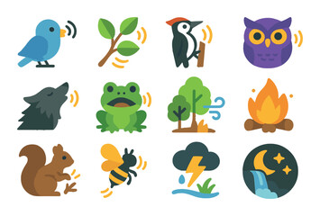 Fototapeta premium Forest sounds and signals modern flat style. bird call icon, rustling leaves, woodpecker tap, owl hoot, distant howl, frog croak, wind in trees, crackling fire, squirrel