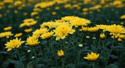 Vibrant Yellow Chrysanthemum Field, Close-up Floral Beauty