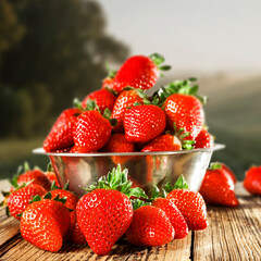 Fresh red strawberries on rustic wooden table with empty space  for product placement or text. In the background blurred view of vegetable farm bathed in sunlight.
