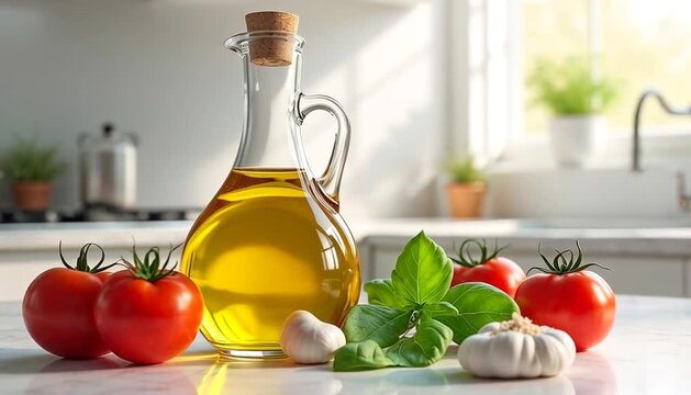 A bottle of golden oil, fresh red tomatoes, green basil leaves, and white garlic are perfectly arranged on a bright kitchen counter.