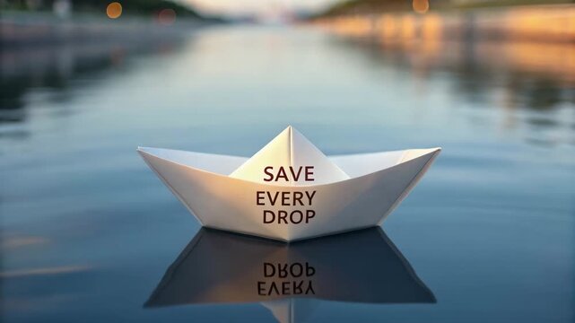 Save Every Drop Reflection on Water Stewardship Program and Paper Boat Symbolizing Conservation Efforts for Healthier Planet