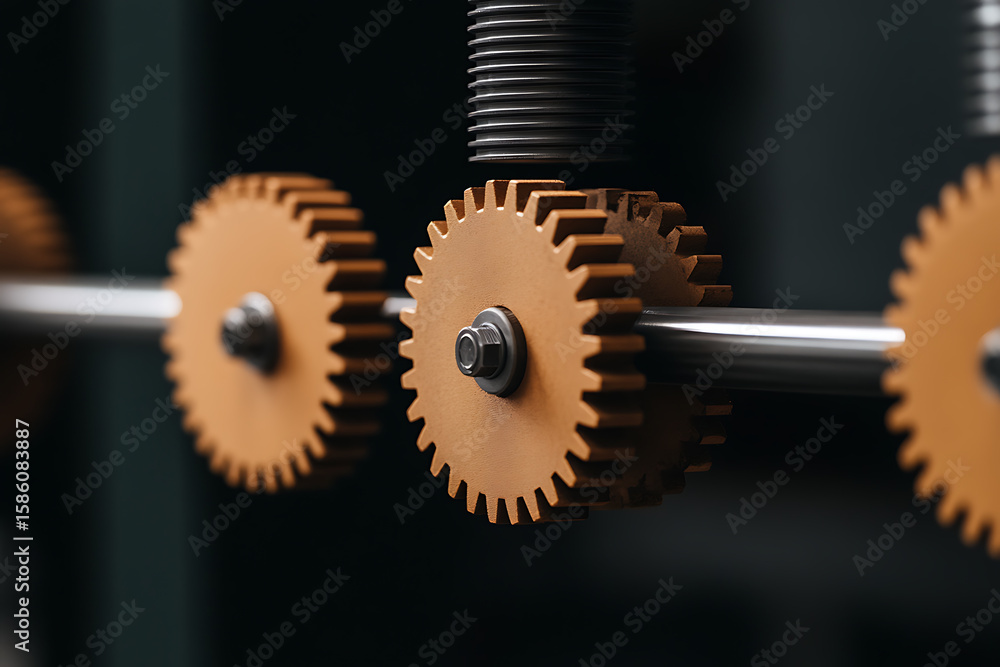 Poster interlocking gears mechanism: a close-up of a series of interlocking gears on a rod. part of a mecha