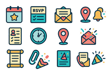 Party invitations and planning modern flat style. calendar with star, RSVP card, envelope with heart, event checklist, guest list, clock icon, location pin, reminder bell