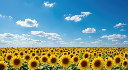 Obraz premium A vast field of sunflowers under a vibrant blue sky dotted with fluffy white clouds