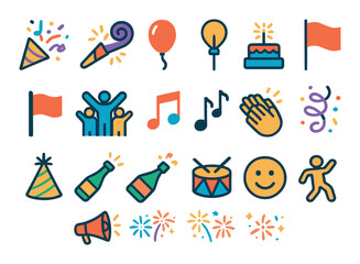 Fireworks and celebration elements modern flat style. confetti, party horn, balloon, cake with sparkler, flag waving, cheering crowd, music notes, clapping hands, party