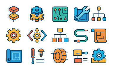 Technical breakdown and schematics modern flat style. exploded view, gear layers, circuit board, wrench over blueprint, settings cog, code structure, diagram split, cable