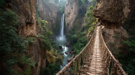 Obraz premium Cliffside rope bridge over waterfall