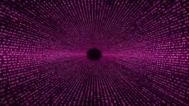 Abstract Purple Digital Data Tunnel Background with Matrix Code and Binary Stream Glowing Geometric Patterns for Cyber Technology and Artificial Intelligence Art