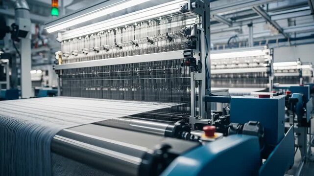 Automated industrial weaving machines operate within a textile factory, efficiently producing fabric and showcasing advanced technology in the textile manufacturing process
