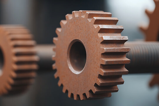 Rusty Gear Mechanism: Close-up of interlocking cogwheels showcasing vintage industrial machinery, detail of engineering and obsolete equipment.