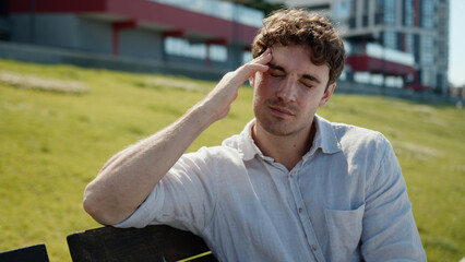 Caucasian man problem headache pain stress suffering male health frustrated guy worried upset loss...