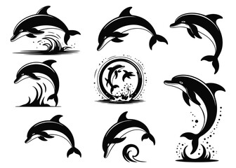 Set of eight black dolphin silhouettes in dynamic poses including jumping, swimming, and circular formation, symbolizing marine elegance on white background © Zavivec