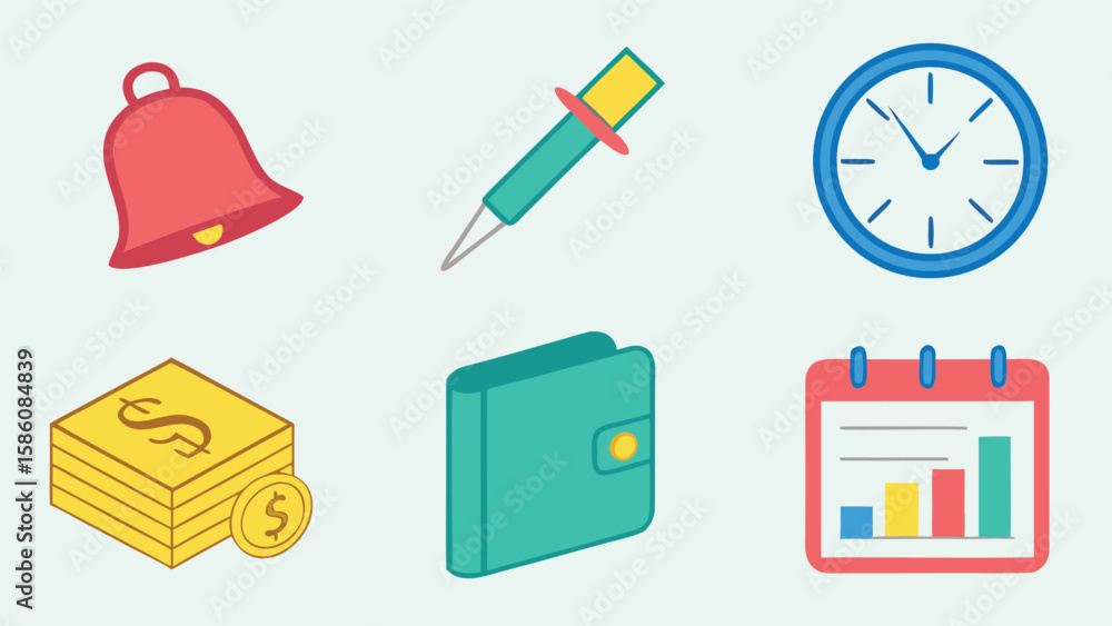 Poster collection of isometric icons representing finance time management and notifications