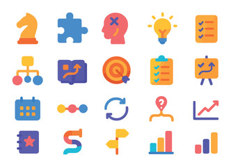 Strategic thinking and negotiation planning modern flat style. chess piece, puzzle piece, mind map, idea bulb, flowchart, plan book, target icon, priorities list