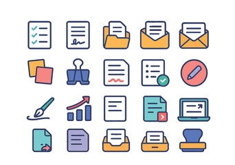 Negotiation documents and tools modern flat style. checklist, signed contract, proposal folder, email thread, sticky notes, binder clip, paper draft, edit symbol, pen