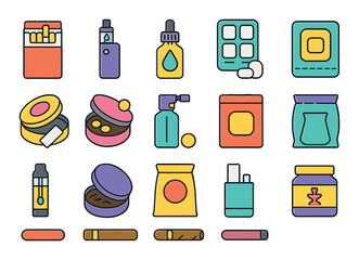 Products containing nicotine modern flat style. cigarette box, vape device, e-liquid dropper, gum blister pack, nicotine pouch can, lozenge tin, spray tube, patch pack