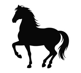 Dynamic horse silhouette with flowing mane and tail, raised leg pose on white background, symbolizing strength, grace, and movement
