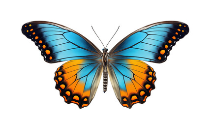 Obraz premium Majestic butterfly with blue and orange wings displays on a transparent background.