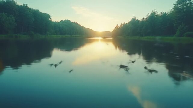 Lake reflecting the sun surrounded by trees and a few ripples in the still water