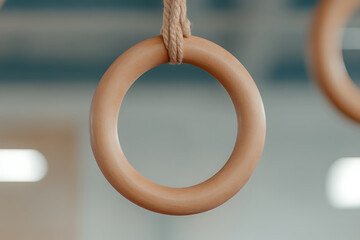 Gymnastic rings hanging from rope. Perfect for fitness training, strength workouts, and building upper body strength. Great for home or gym use.