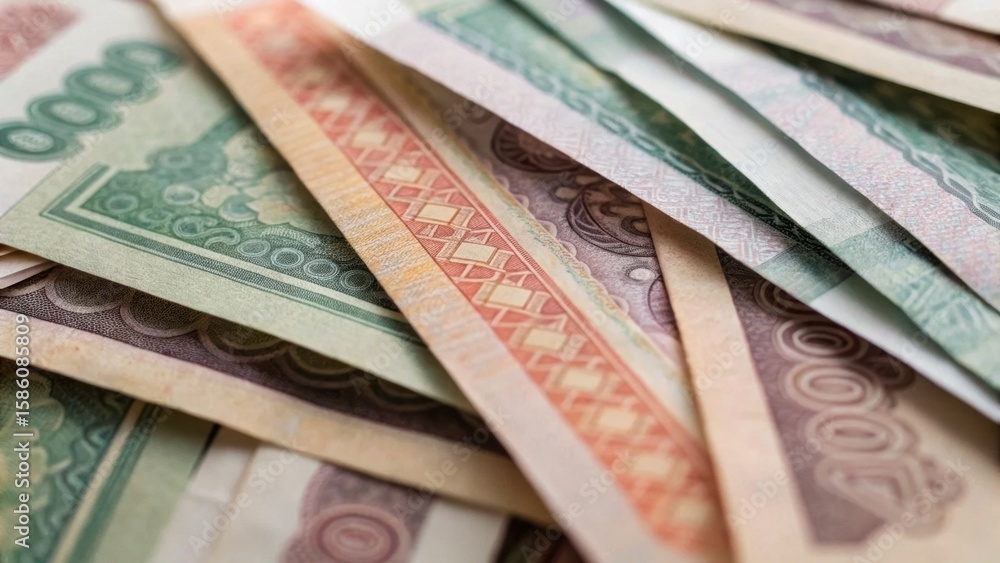 Poster a close-up view of various banknotes, showcasing intricate designs and colors, piled together in a c