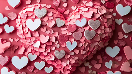 Obraz premium A delightful array of hearts in shades of pink, white and silver creates a lovely romantic, valentines day background.
