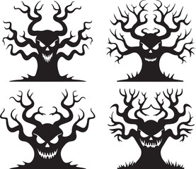 Vector art of spooky Halloween trees with scary faces isolated on white background