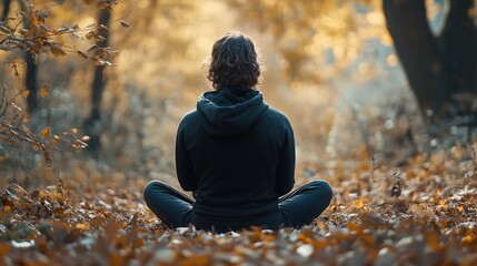 Person meditating in autumnal forest.