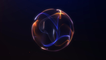Glowing abstract sphere made of vibrant orange and blue light trails. Ideal for sci-fi, tech, or energy-themed projects and designs.